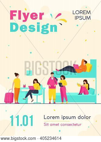 College Student Dorm Interior. Young Travelers Stopping In Hostel. Vector Illustration For Alternati