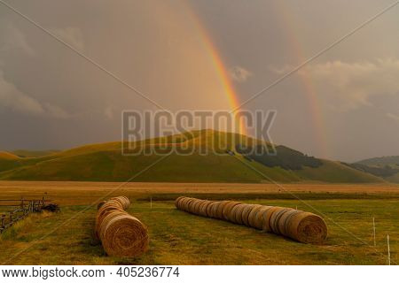 landscape near Castelluccio village in National Park Monte Sibillini, Umbria region, Italy