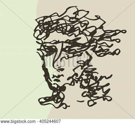 Female Face, Face Line Art, Drawing Of A Modern Woman With Disheveled Hair