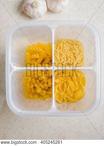 Kintchen Containers, Unpackaged Food Concept. Dispenser With Pasta. Background