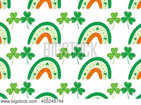 Shamrock And Rainbaw Vector Seamless Pattern. St.patricks Day. Green And Orange Elements On White Ba
