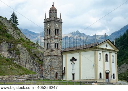 Malghera, Italy: August 10th 2019: Beautiful Church Surrounded By Mountains