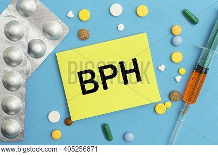 Card With Text Bph - Benign Prostatic Hyperplasia, Pills And Syringe. Medical Concept.