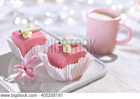 Valentine Petit Fours With Marzipan Icing And Cream Flowers. Espresso Coffee In Glass Cup. Happy Val