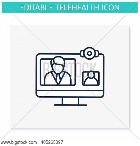 Video Telephony Line Icon. Video Conference Call With Doctor. Telehealth Medical Care. Virtual Medic