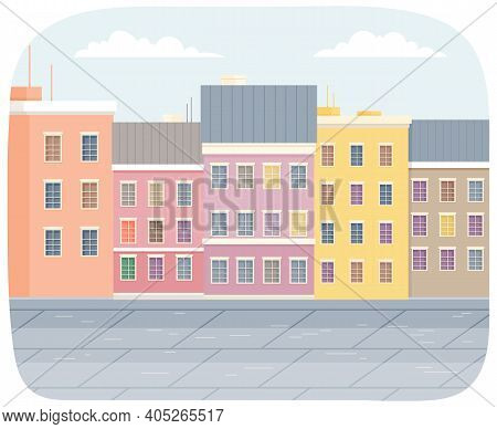 Row Of Multicolored Buildings On The Street In City Space View From The Window. Vector Design Modern
