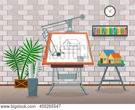 Draftsman Studio, Workplace Or Workspace Of Desinger Or Architect, Drawn New House Plan At Board, In
