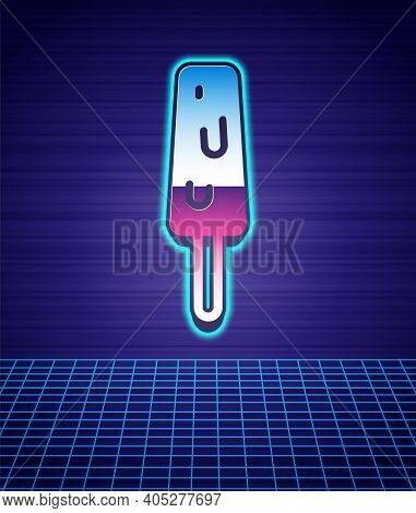 Retro Style Ice Cream On Stick Icon Isolated Futuristic Landscape Background. Sweet Symbol. 80s Fash