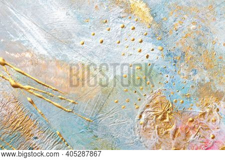 Art Abstract acrylic and watercolor  smear blot painting with gold glitter. Pastel color texture background.