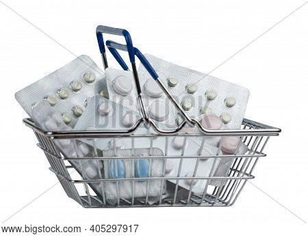 Shopping Backet Filled With Pills On White Background.
