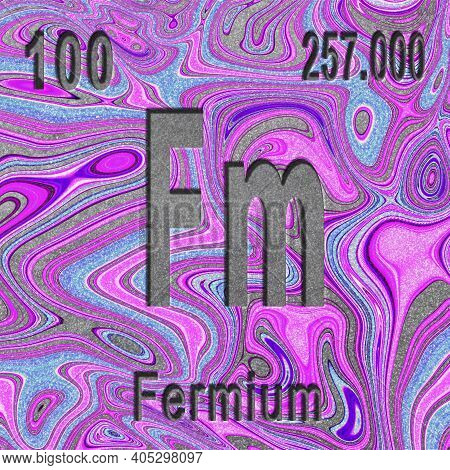 Fermium Chemical Element, Sign With Atomic Number And Atomic Weight, Purple Background, Periodic Tab