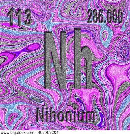 Nihonium Chemical Element, Sign With Atomic Number And Atomic Weight, Purple Background, Periodic Ta