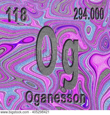Oganesson Chemical Element, Sign With Atomic Number And Atomic Weight, Purple Background, Periodic T