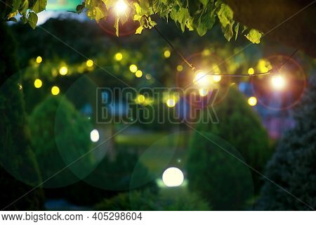 Illumination Holiday Lights Glare On Garden With Electric Garland Bulbs Of Warm Light Glow With Roun