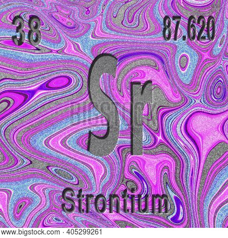Strontium Chemical Element, Sign With Atomic Number And Atomic Weight, Purple Background, Periodic T