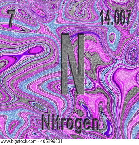 Nitrogen Chemical Element, Sign With Atomic Number And Atomic Weight, Purple Background, Periodic Ta