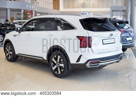 Russia, Izhevsk - December 28, 2020: Kia Showroom. New Modern Sorento Car In Dealer Showroom. Back A