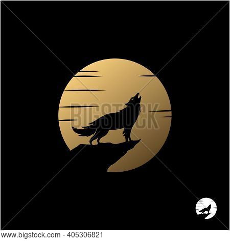 Howling Wolf With Golden Moon Illustration Logo Design