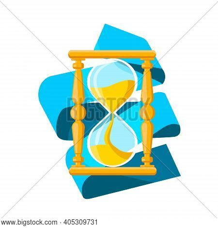 Vector Cartoon Isolated Metaphor Illustration Hourglass Vintage Clock. White Background With Blue Fo