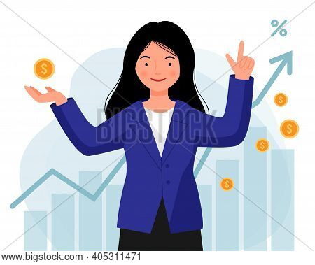 Woman In A Jacket Successfully Invests Her Money. A Girl Stands With Coins In Her Hands On The Backg