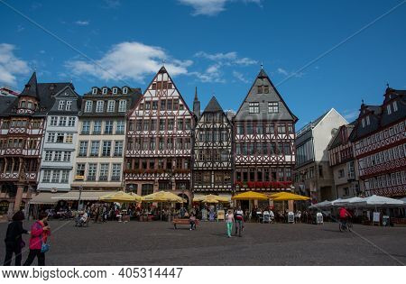 Frankfurt, Germany , September 3 2015: Famous Historical Landmark Of Romerberg Square With Tourist P