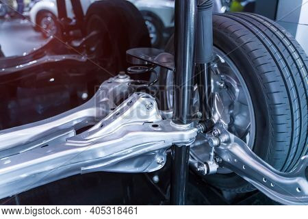electric system of eco car front driving axle in the car, visible elements of the steering system