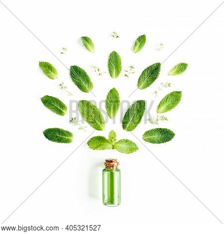 Essential Oil And Greenmint Leaves On White Background. Medicinal Herbs. Flat Lay. Top View.