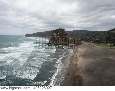 Panorama View Of Lion Rock On Piha Beach Tasman Sea Coast West Auckland Waitakere Ranges North Islan