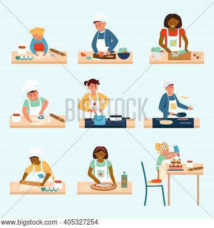 Vector Set Of Different Age And Ethnicity Kids In Aprons And Chef Hats Cooking. Making Pizza, Salad,