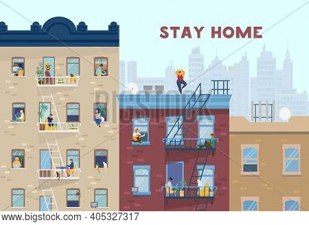 Stay Home Motivational Banner. People In Windows Staying Home Due To Quarantine, Working, Studying, 