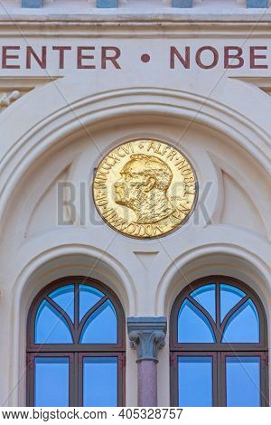 Oslo, Norway - October 30, 2016: Alfred Nobel Piece Center Gold Medal At Building In Oslo, Norway.