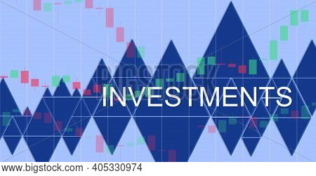 Investments And Candlestick Chart Illustration On Blue Background.
