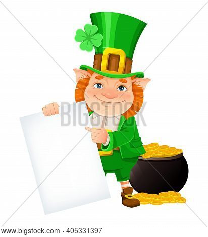 Stock Vector Leprechaun. Happy St Patrick's Day. Cheerful Leprechaun Cartoon Character Holding Blank