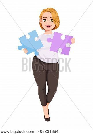 Young Plus Size Pretty Woman. Beautiful Overweight Businesswoman Solving Problem. Stock Vector Illus