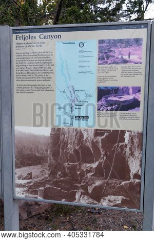 Bandelier National Monument,  New Mexico / Usa - October 13, 2014:  A Metal Informational Sign About