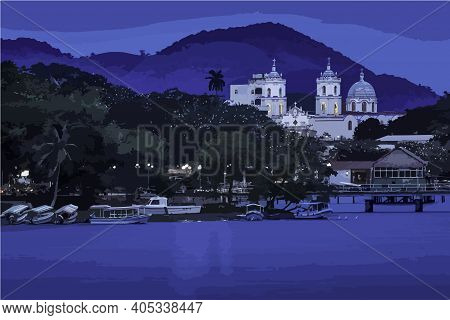 Catemaco Beautiful Waterfront And Church Evening Illustration