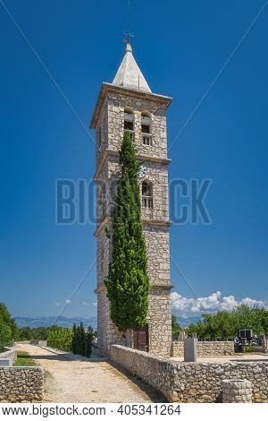 Bell And Clock Tower Of A Church Of The Nativity Of The Blessed Virgin Mary In Zaton With Dinaric Al