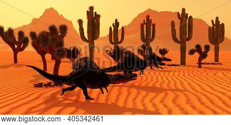 Arizonasaurus Dinosaur Desert 3d Illustration - Three Arizonasaurus Dinosaurs Go Hunting For Prey At