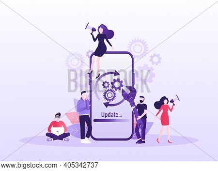 Cartoon Software Update People For Mobile App Design. Isometric Vector Illustration. Mobile Applicat