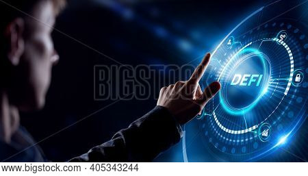 Defi -decentralized Finance On Dark Blue Abstract Polygonal Background. Concept Of Blockchain, Decen