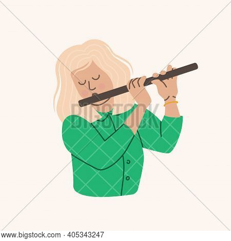 Woman Musician. Girl Flutist. The Blonde Plays The Flute. Vector Illustration Isolated On White Back