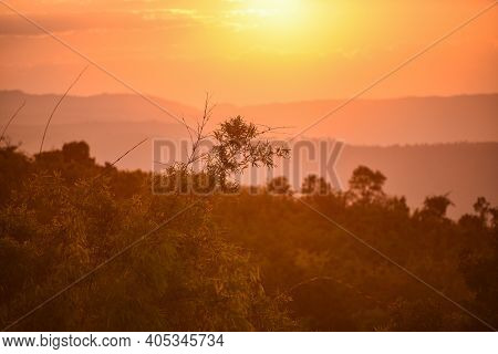 View Sunset On Mountain With Hill Warm Light Sun, Beautiful Landscape Tree Nature Sunrise