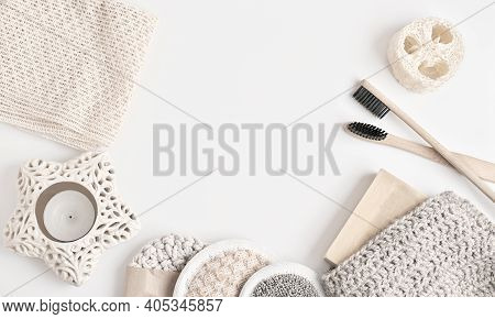 Top View Of Sustainable Bathroom Accessories. Copy Space For Text. Face Cleansers And Washcloth Made