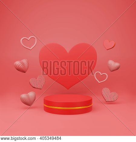 Red Podium With Golden Girdle Or Stage Background For Show Product And Beautiful Heart Sharp Floatin