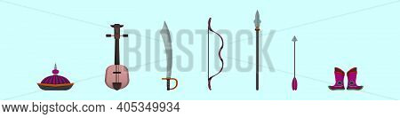 Set Of Mongolian Item Cartoon Icon Design Template With Various Models. Modern Vector Illustration I