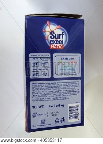 Closeup Of Surf Excel Matic Front Load Detergent Powder 6Kg Box And Pack Isolated On White Backgroun