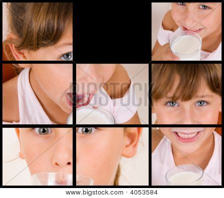 Diverse pose di ragazza di bere latte