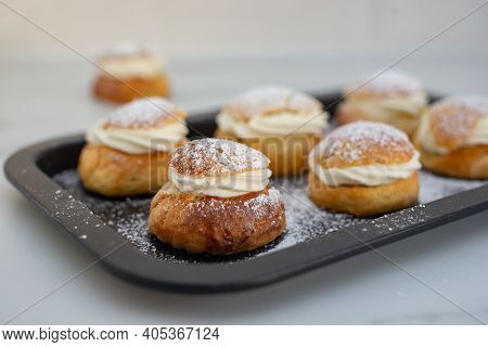 Traditional Home Made Swedish Semlor Pastry On A Table