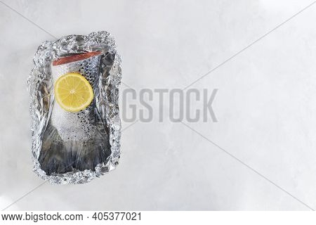 Fresh Raw Salmon Fillet Tail Part With, Lemon On A Light Background. Pescatarian Food Menu, Recipe. 