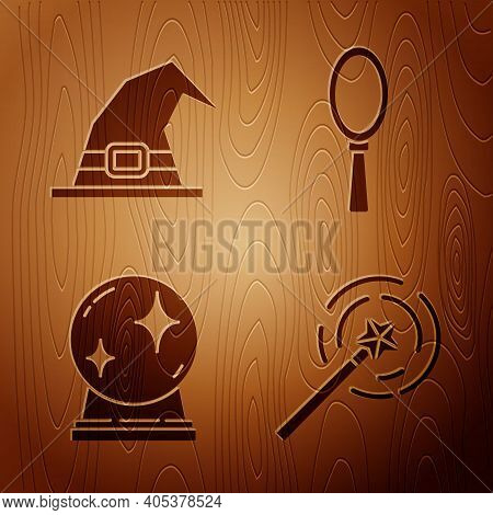 Set Magic Wand, Witch Hat, Magic Ball And Magic Hand Mirror On Wooden Background. Vector